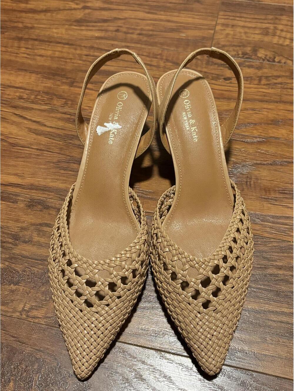 Olivia & Kate Woven Slingback Kitten Heels Beige Pointed Toe Shoes Quiet Luxury
